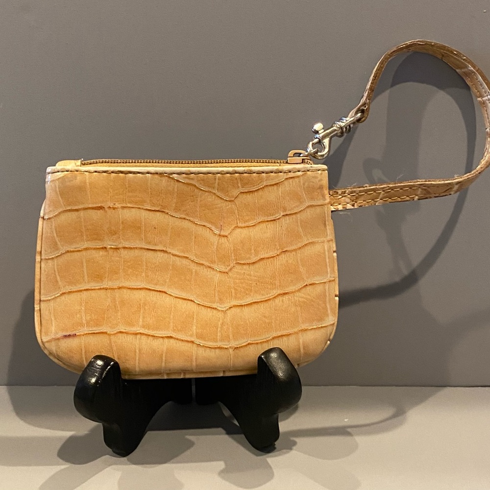 Tan Crocodile-Embossed Clutch with Wrist Strap